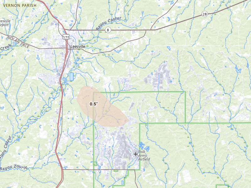Radar-estimated hail-size map of the storm over Fort Polk, LA on Aug 5, 2026