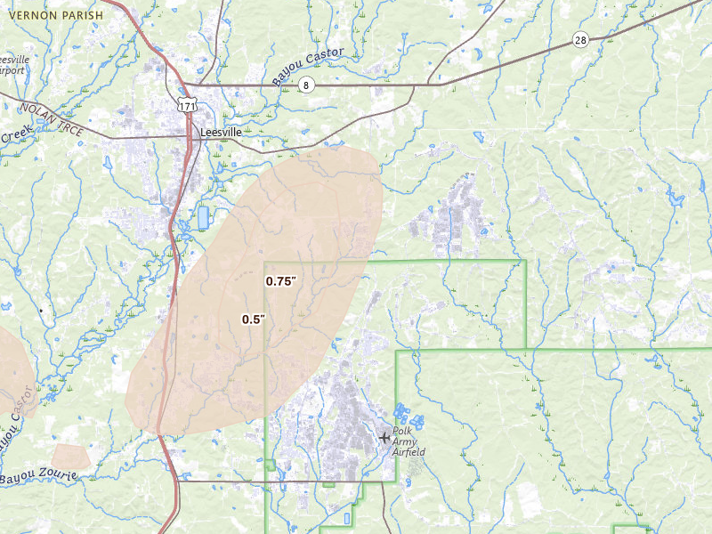 Radar-estimated hail-size map of the storm over Fort Polk, LA on Aug 7, 2026