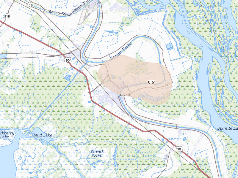 Radar-estimated hail-size map of the storm over Franklin, LA on Jul 1, 2026