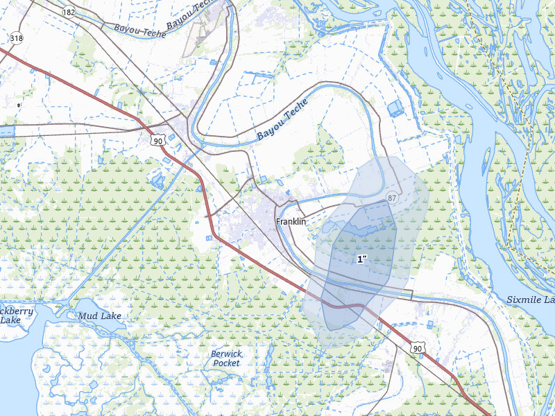 NEXRAD radar-signature map of the hail storm over Franklin, LA on Jul 1, 2026