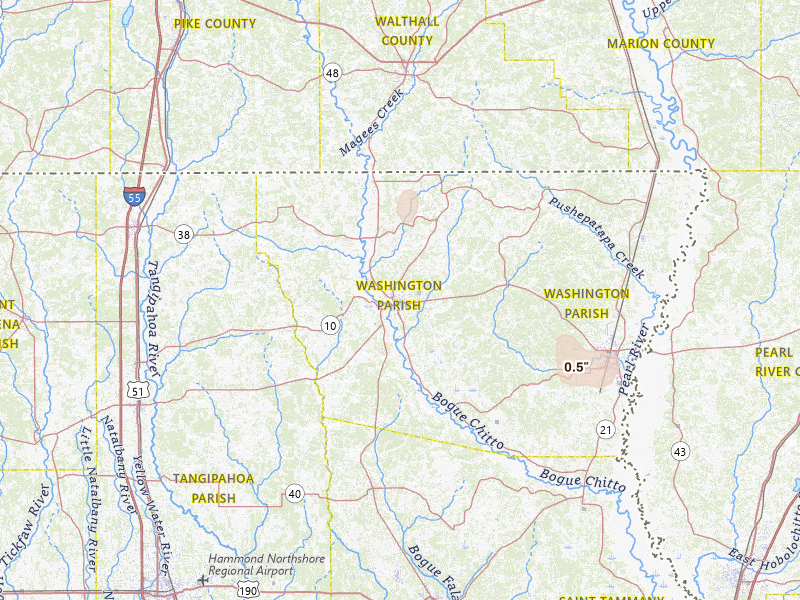 Radar-estimated hail-size map of the storm over Franklinton, LA on Apr 1, 2026
