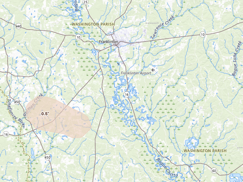 Radar-estimated hail-size map of the storm over Franklinton, LA on Apr 26, 2026