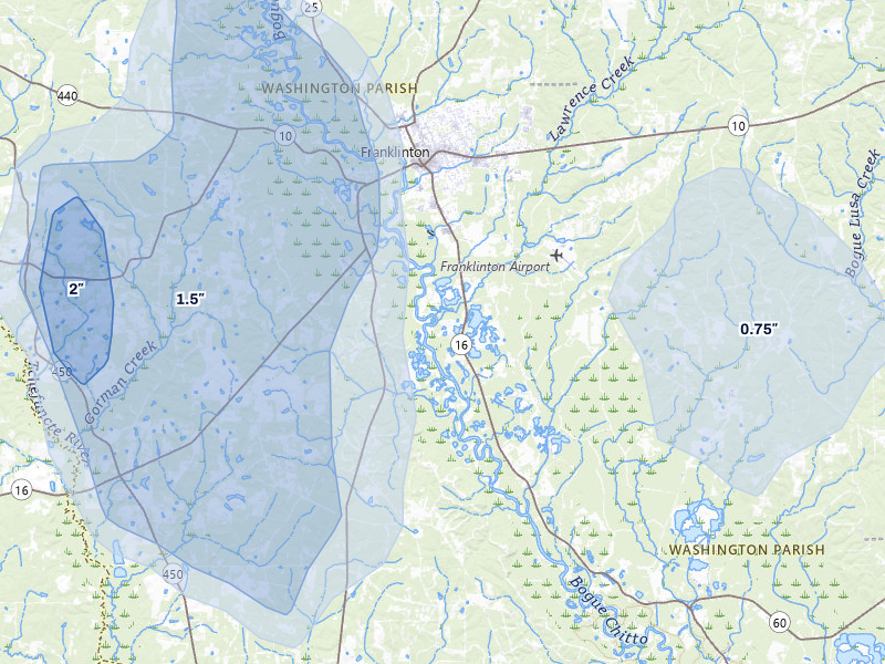 NEXRAD radar-signature map of the hail over Franklinton, LA