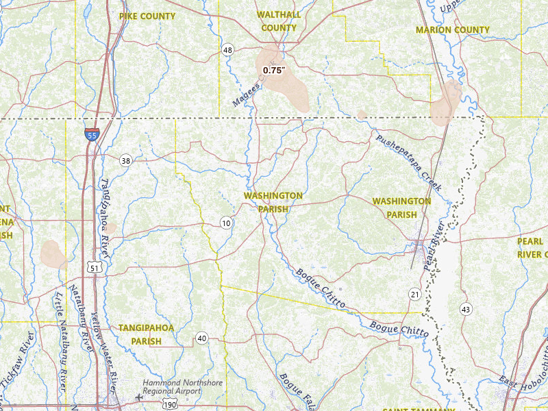 Radar-estimated hail-size map of the storm over Franklinton, LA on Jul 1, 2026