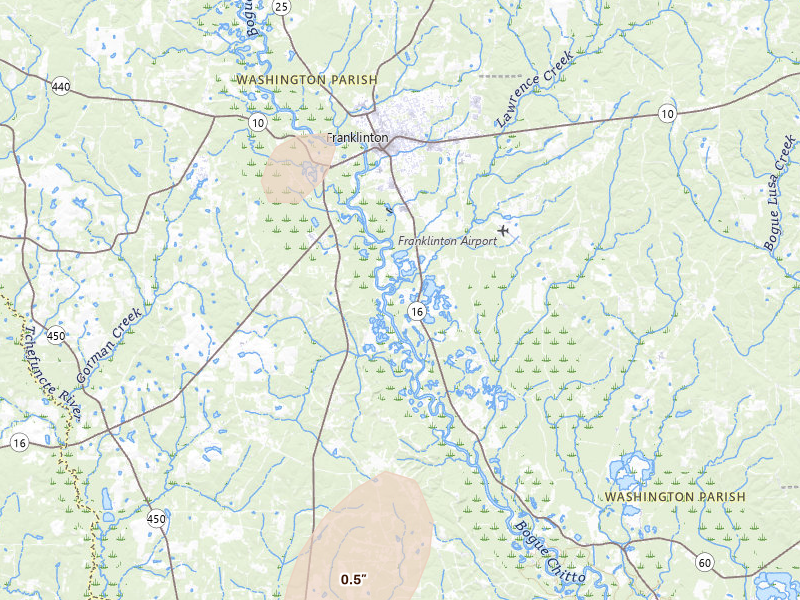 Radar-estimated hail-size map of the storm over Franklinton, LA on Jul 5, 2026