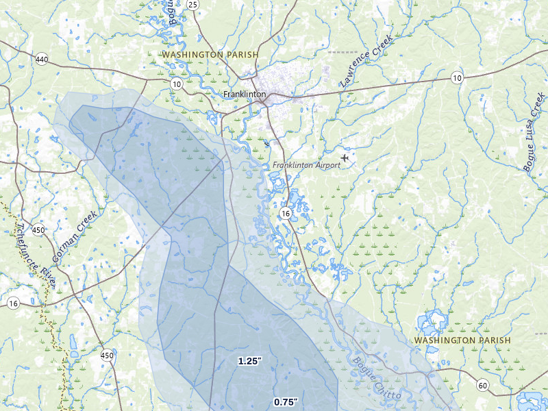 NEXRAD radar-signature map of the hail storm over Franklinton, LA on Jul 5, 2026