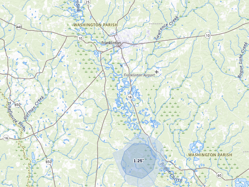 NEXRAD radar-signature map of the hail storm over Franklinton, LA on Jul 11, 2026