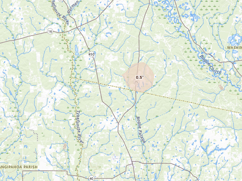 Radar-estimated hail-size map of the storm over Franklinton, LA on Aug 6, 2026