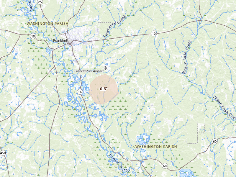 Radar-estimated hail-size map of the storm over Franklinton, LA on Aug 18, 2026