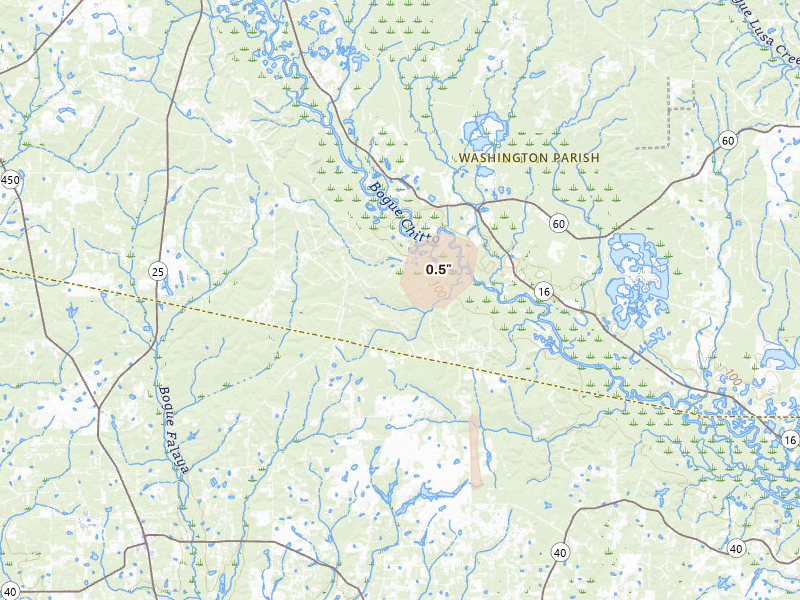 Radar-estimated hail-size map of the storm over Franklinton, LA on Aug 25, 2026