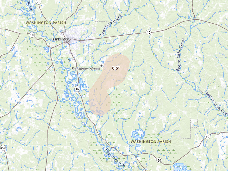 Radar-estimated hail-size map of the storm over Franklinton, LA on Sep 3, 2026