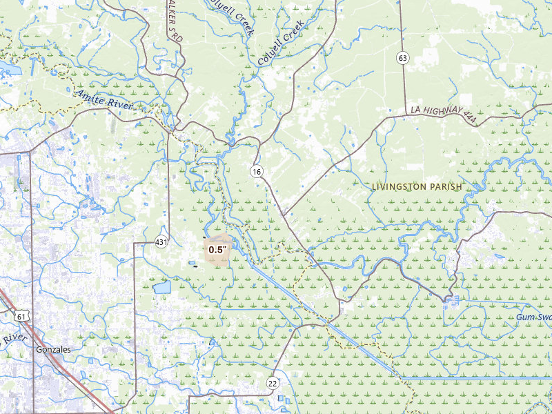 Radar-estimated hail-size map of the storm over French Settlement, LA on Apr 1, 2026