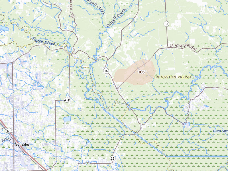 Radar-estimated hail-size map of the storm over French Settlement, LA on May 22, 2026