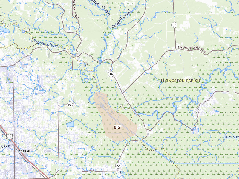 Radar-estimated hail-size map of the storm over French Settlement, LA on Jul 5, 2026