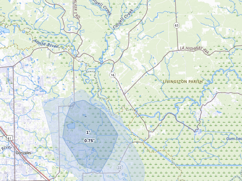 NEXRAD radar-signature map of the hail storm over French Settlement, LA on Jul 5, 2026