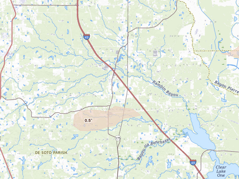 Radar-estimated hail-size map of the storm over Frierson, LA on May 8, 2026