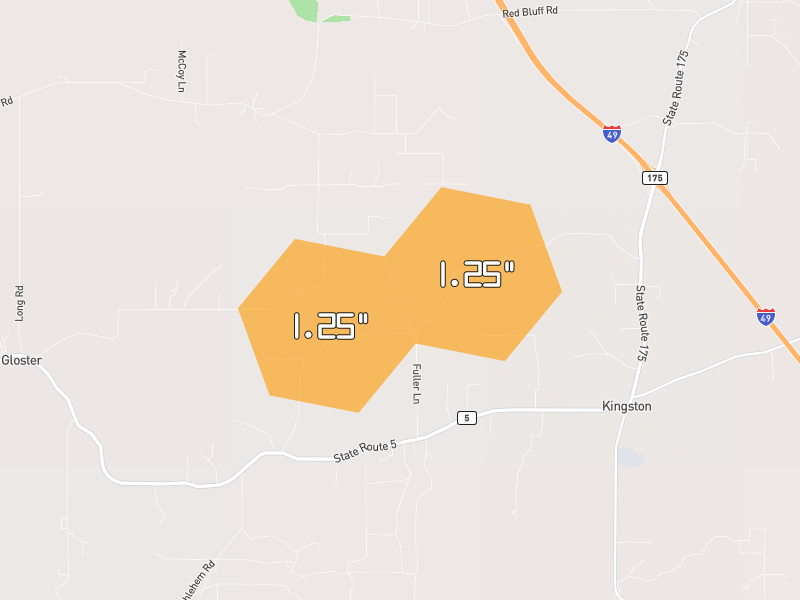 Hail map of Frierson, LA on Jun 2, 2026, hail up to 1.25"