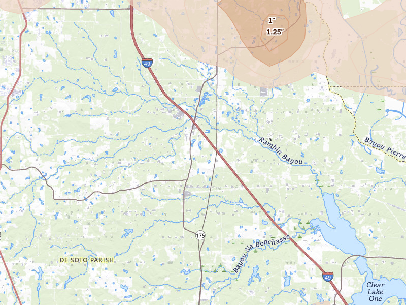 Radar-estimated hail-size map of the storm over Frierson, LA on Jul 6, 2026