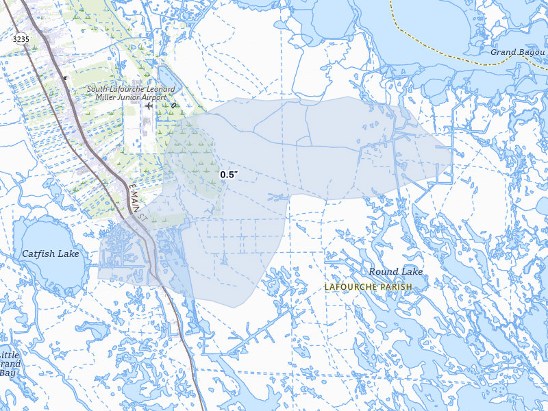 NEXRAD radar-signature map of the hail storm over Galliano, LA on Jul 5, 2026
