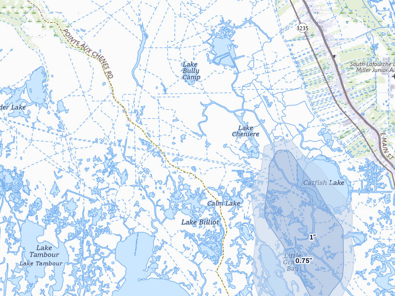 NEXRAD radar-signature map of the hail storm over Galliano, LA on Aug 25, 2026