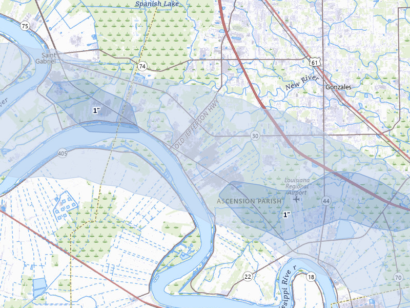 NEXRAD radar-signature map of the hail storm over Geismar, LA on Apr 24, 2026