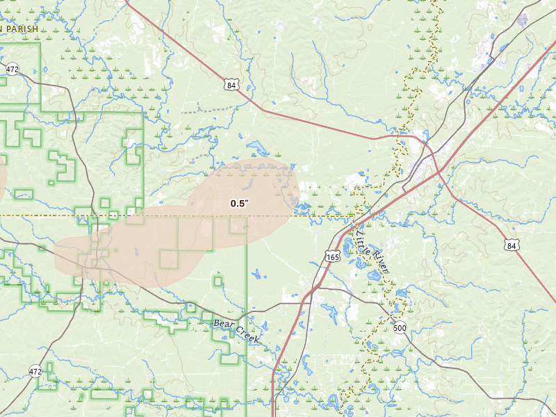 Radar-estimated hail-size map of the storm over Georgetown, LA on Jun 2, 2026