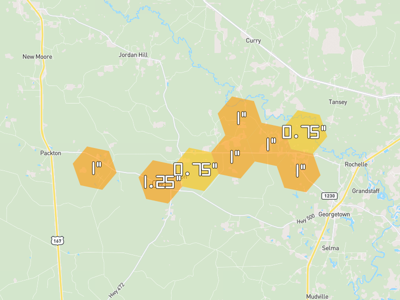 Hail map of Georgetown, LA on Jun 2, 2026, hail up to 1.25"