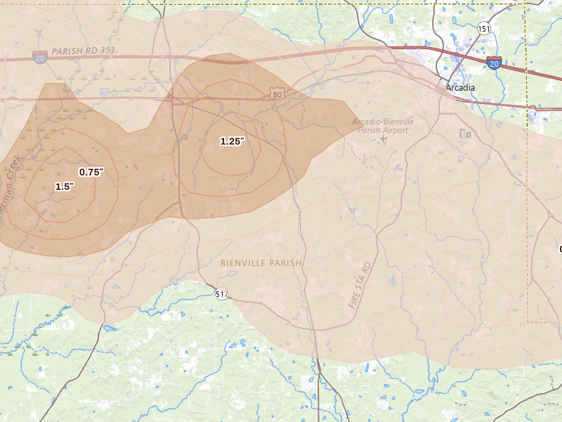 Radar-estimated hail-size map of the storm over Gibsland, LA on Mar 15, 2026