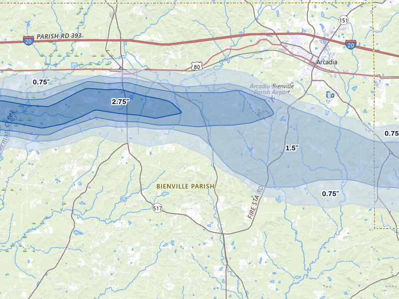 NEXRAD radar-signature map of the hail over Gibsland, LA
