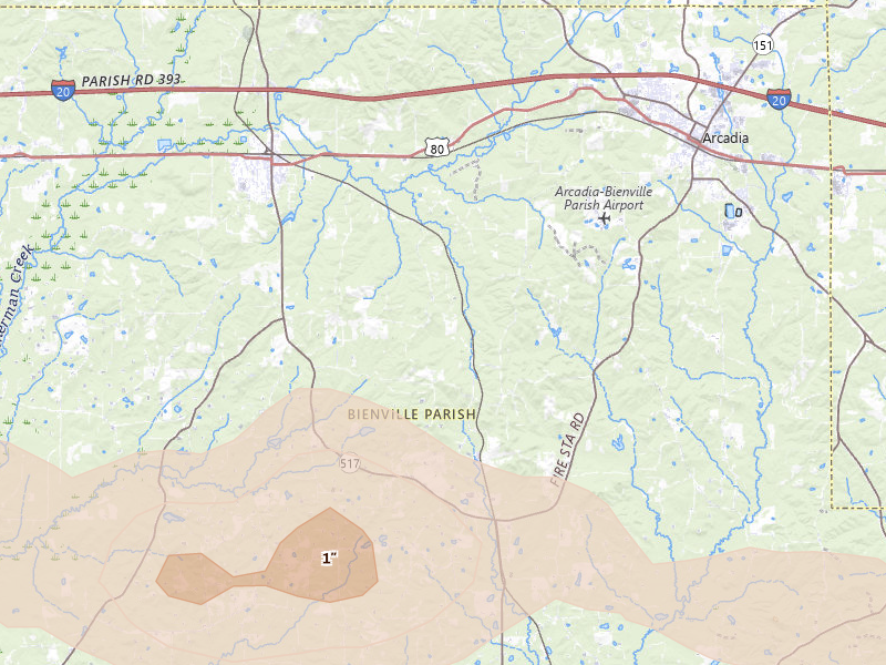 Radar-estimated hail-size map of the storm over Gibsland, LA on May 8, 2026