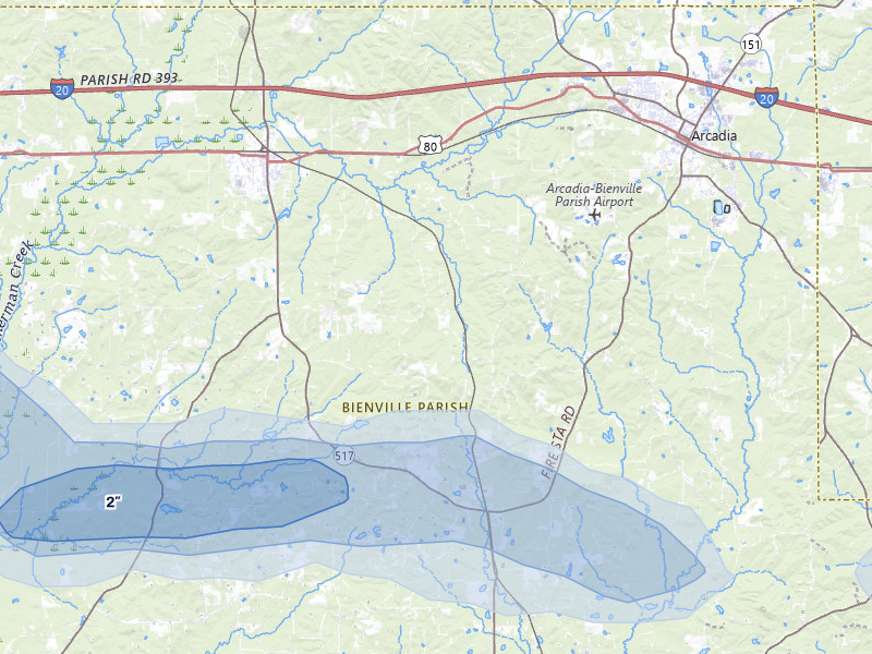 NEXRAD radar-signature map of the hail storm over Gibsland, LA on May 8, 2026