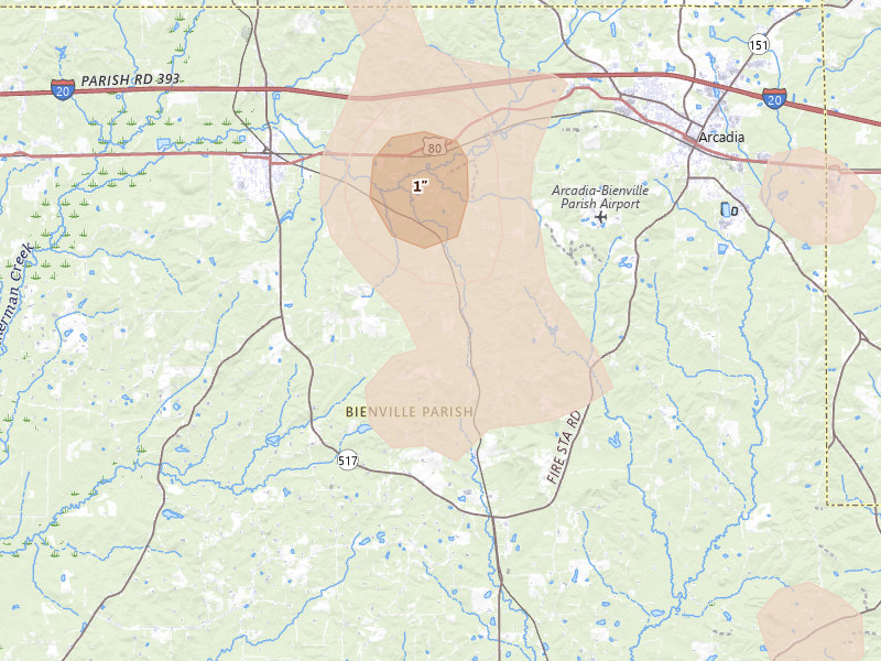 Radar-estimated hail-size map of the storm over Gibsland, LA on Jun 2, 2026