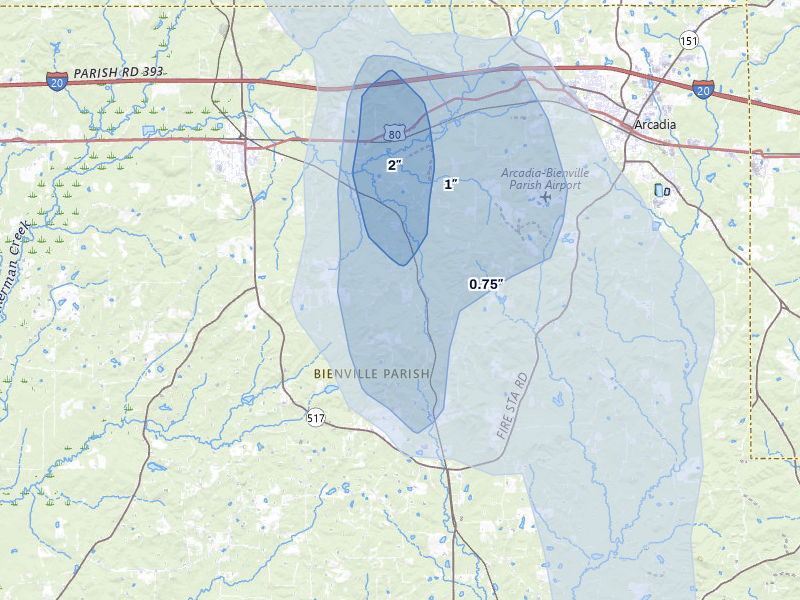 NEXRAD radar-signature map of the hail over Gibsland, LA