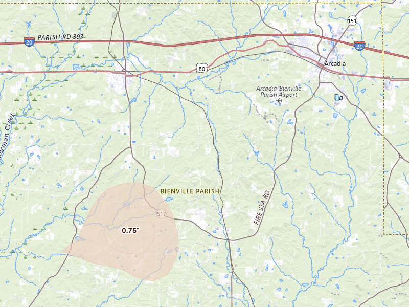 Radar-estimated hail-size map of the storm over Gibsland, LA on Jun 19, 2026