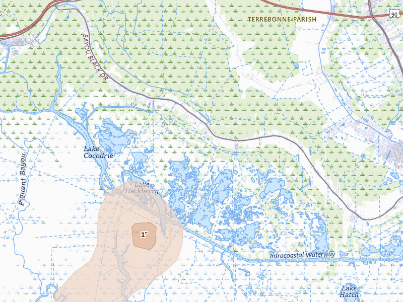 Radar-estimated hail-size map of the storm over Gibson, LA on Jul 20, 2026