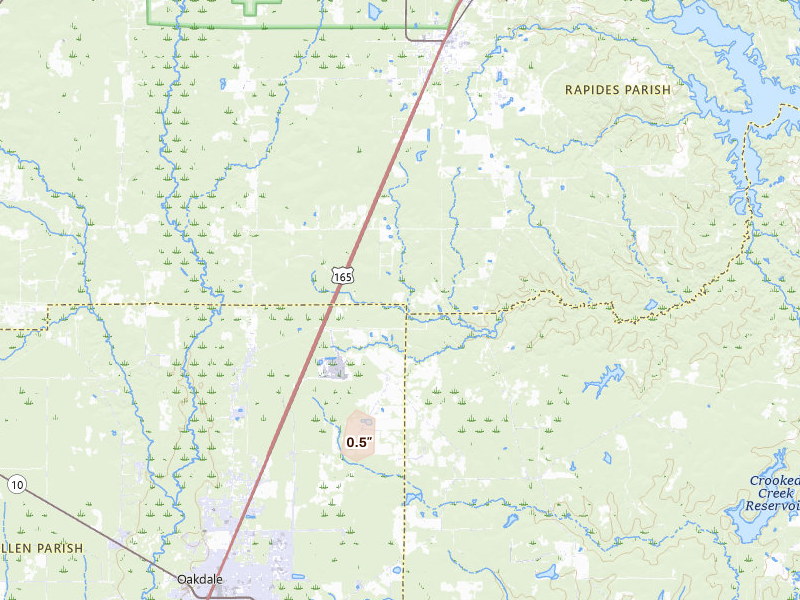 Radar-estimated hail-size map of the storm over Glenmora, LA on Aug 6, 2026