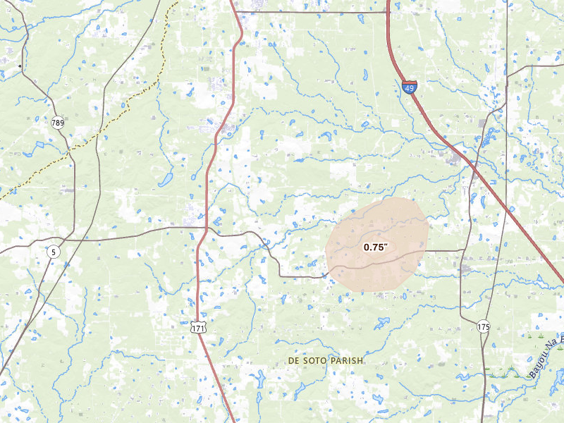 Radar-estimated hail-size map of the storm over Gloster, LA on Jun 2, 2026