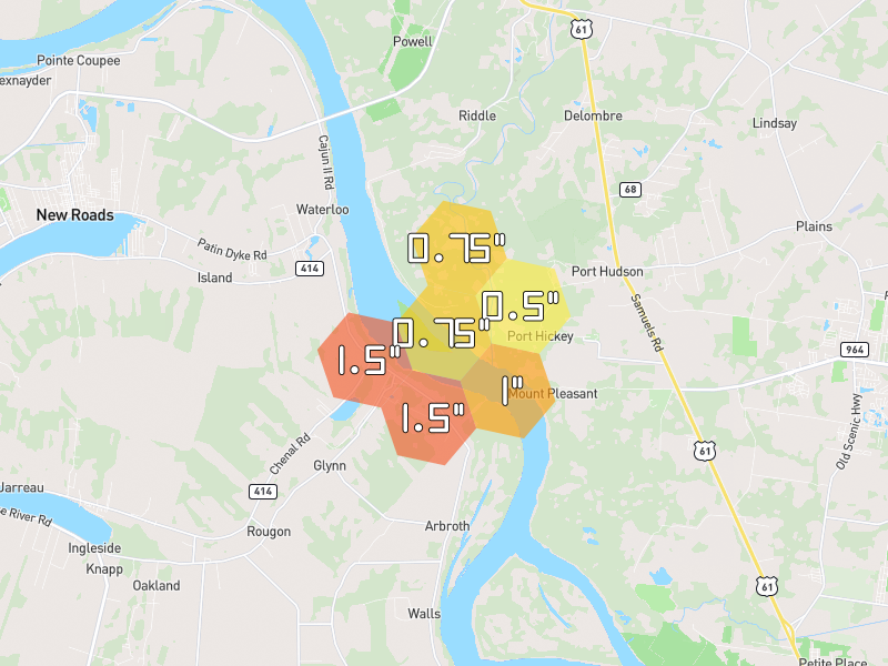 Hail map of Glynn, LA on Jul 8, 2026, hail up to 1.5"