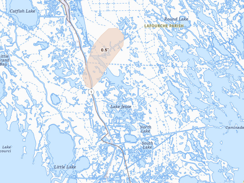 Radar-estimated hail-size map of the storm over Golden Meadow, LA on Feb 6, 2026