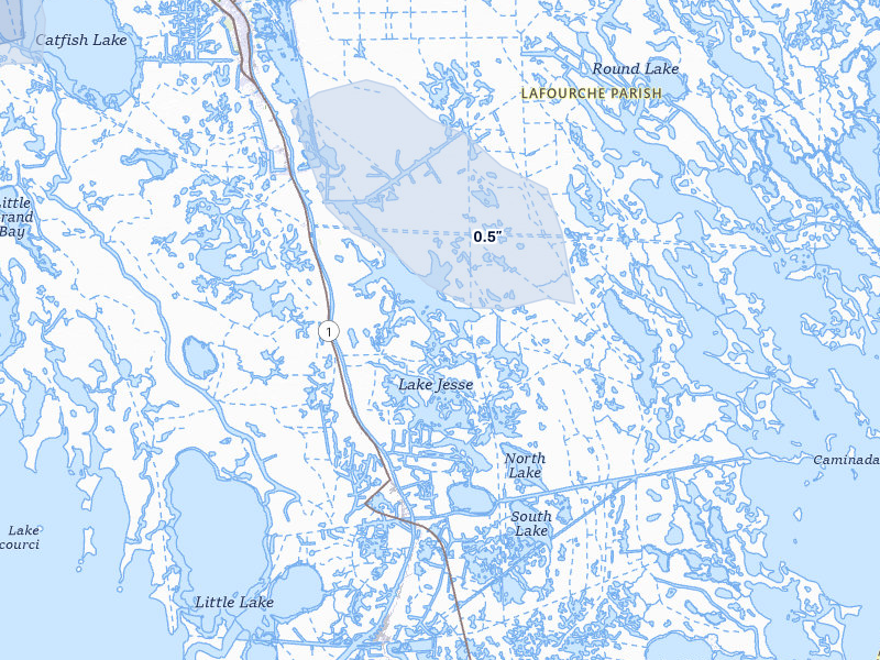 NEXRAD radar-signature map of the hail storm over Golden Meadow, LA on Jul 1, 2026