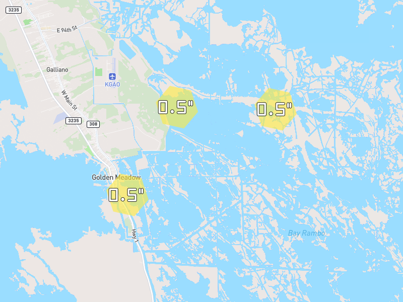 Hail map of Golden Meadow, LA on Jul 5, 2026, hail up to 0.5"