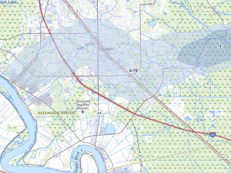 NEXRAD radar-signature map of the hail over Gonzales, LA