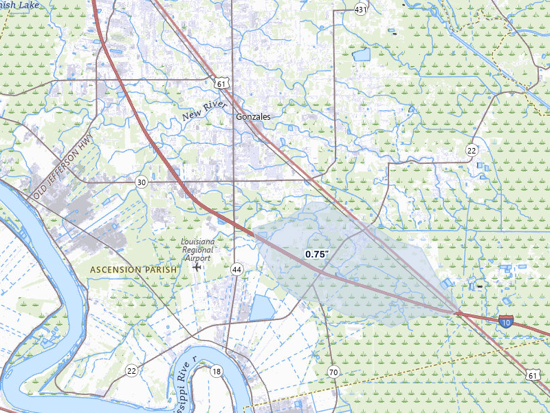 NEXRAD radar-signature map of the hail over Gonzales, LA