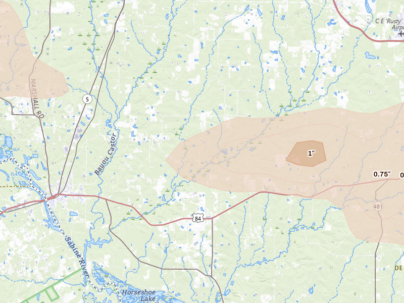 Radar-estimated hail-size map of the storm over Grand Cane, LA on Mar 15, 2026