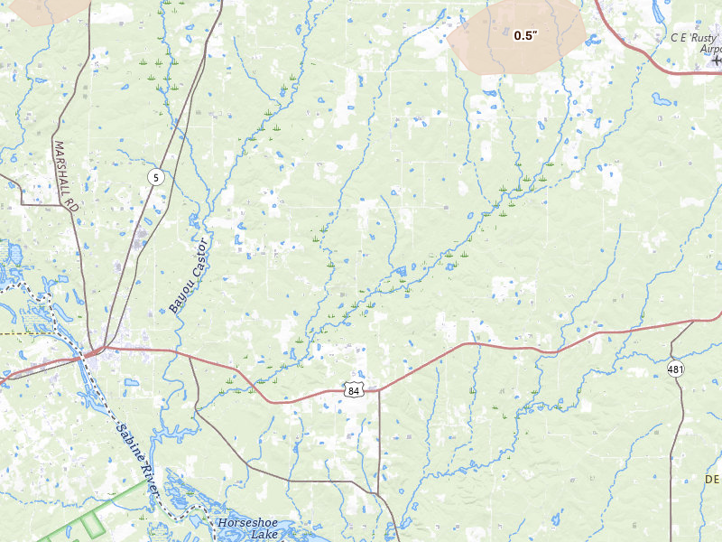 Radar-estimated hail-size map of the storm over Grand Cane, LA on May 22, 2026