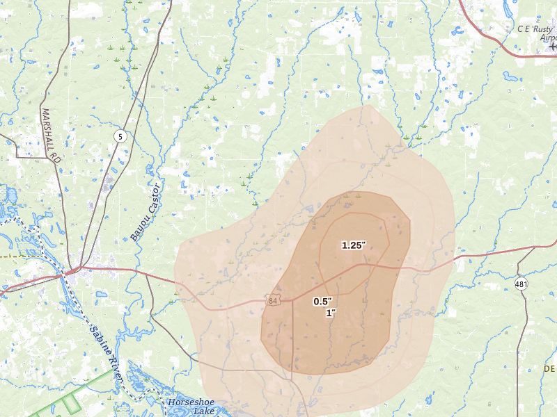Radar-estimated hail-size map of the storm over Grand Cane, LA on Jun 2, 2026
