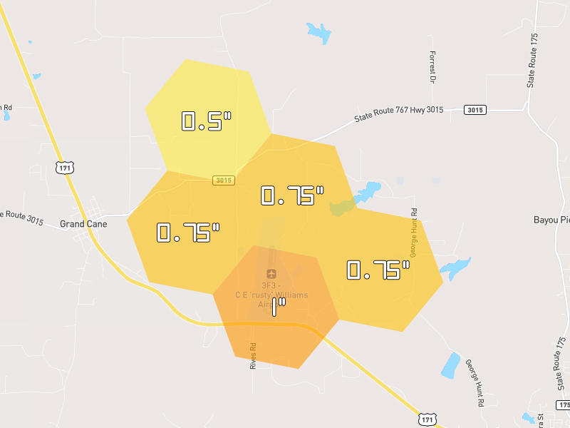 Hail map of Grand Cane, LA on Jul 2, 2026, hail up to 1"