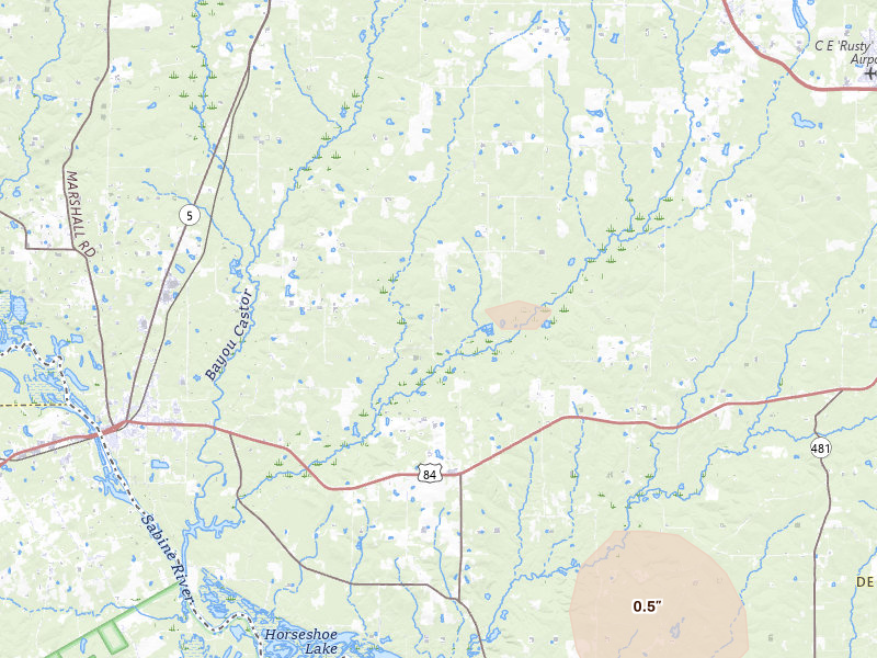 Radar-estimated hail-size map of the storm over Grand Cane, LA on Jul 6, 2026