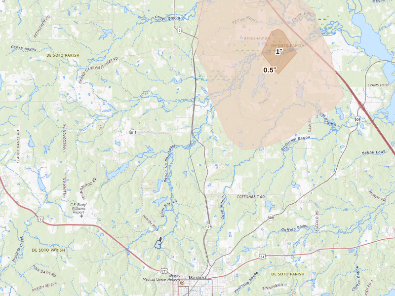 Radar-estimated hail-size map of the storm over Grand Cane, LA