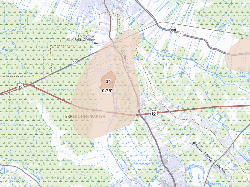 Radar-estimated hail-size map of the storm over Gray, LA on Aug 25, 2026